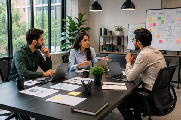 Dedicated software development team collaborating on a product