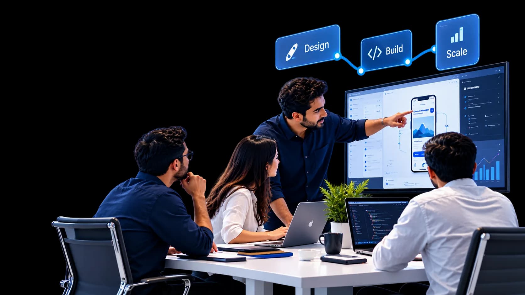 Team discussing custom software solutions to improve business operations