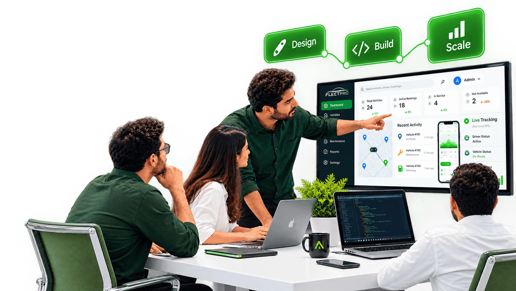 Team discussing custom software solutions to improve business operations